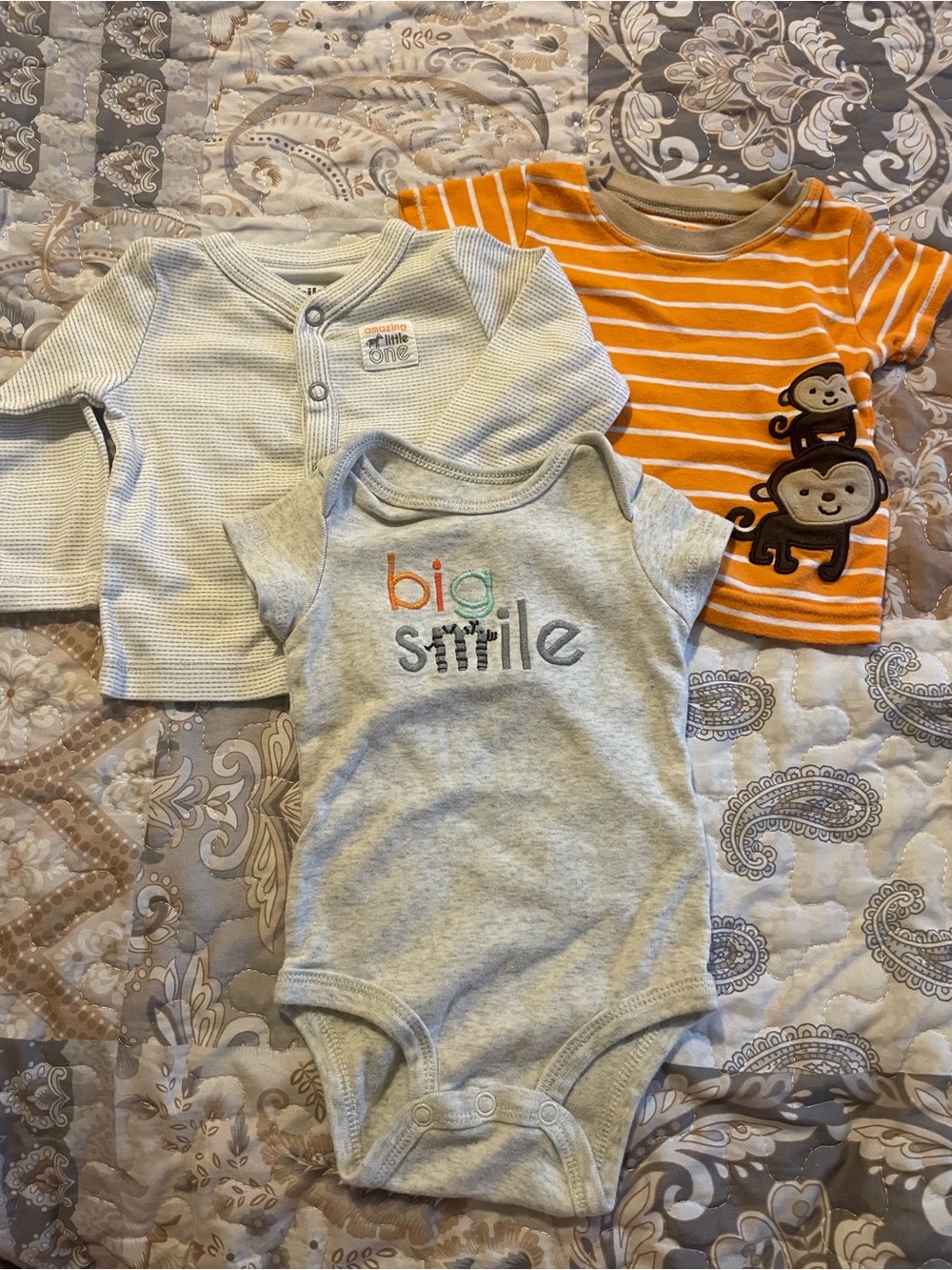 2/$10 Safari Striped Button Up Onesie T-shirt Monkey “Big Smile” EUC Set